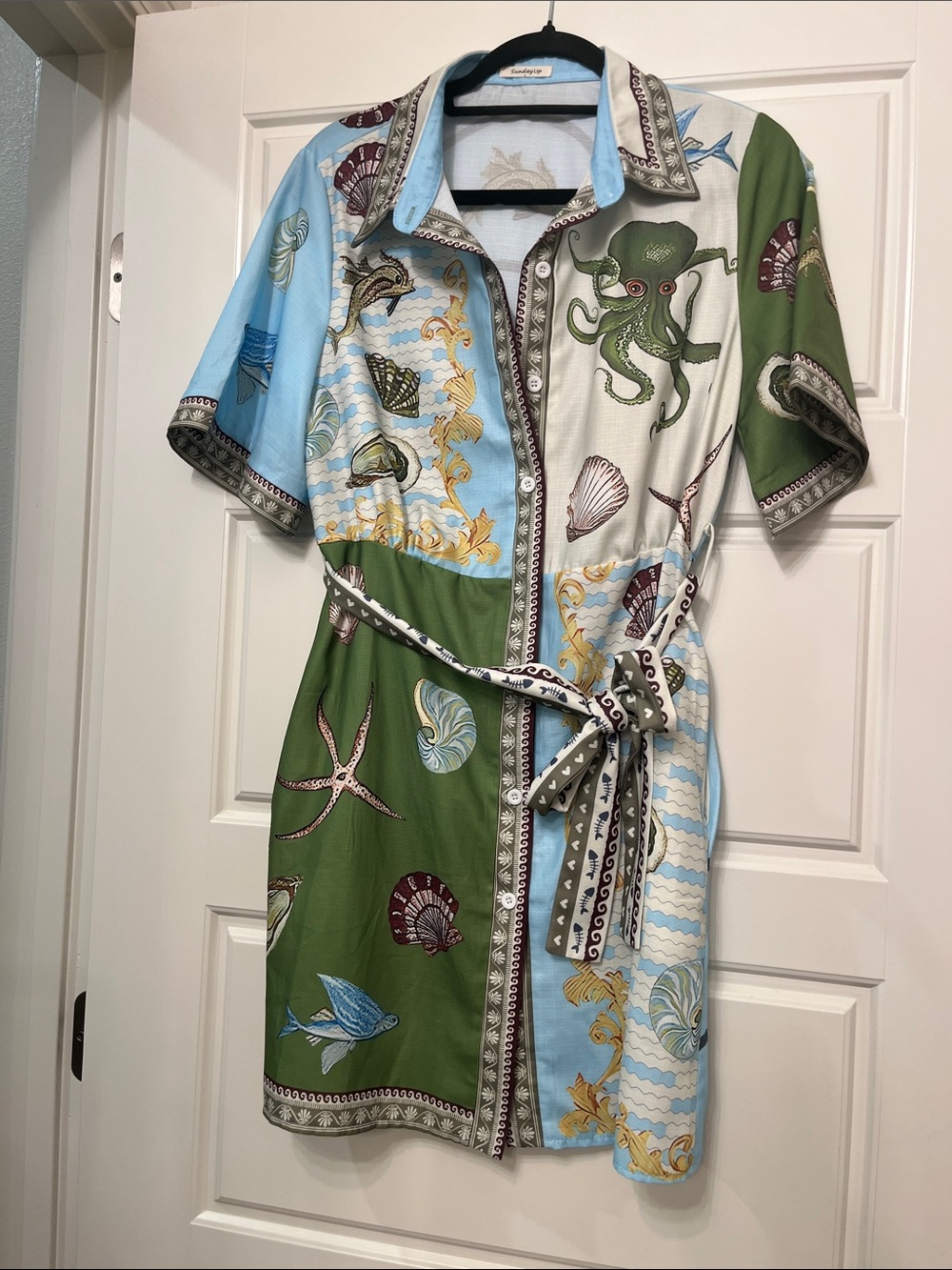 Seaside Motif Shirt Mini Dress in Sky Blue & Olive
